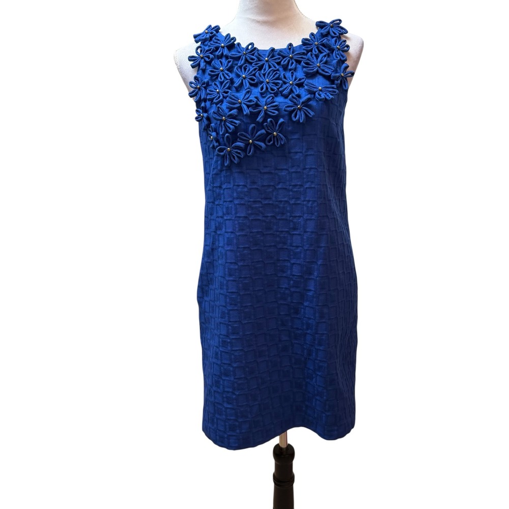 Taylor Cobalt Blue 3D Floral Applique Textured Cotton‎ Sheath Dress Size 4